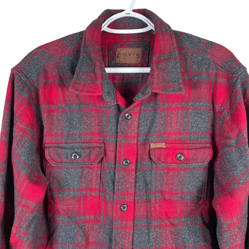 Orvis Flannel Shacket Shirt Jacket Shirt Mens L Red Plaid Button Up Heavy read